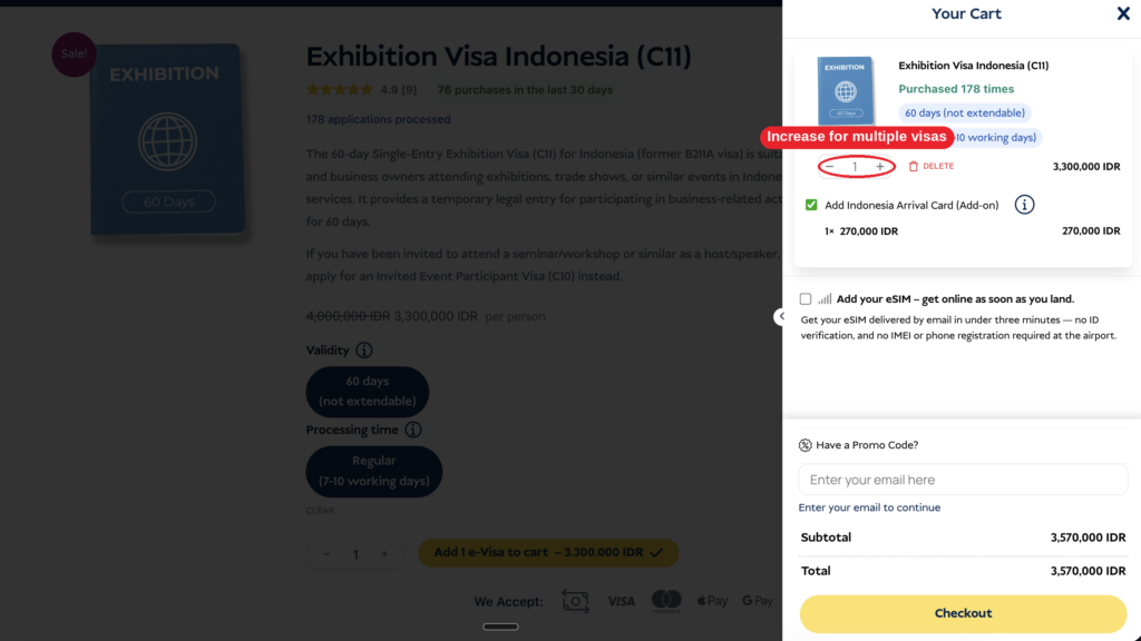 The c11 visa added to the cart, with the quantity selector highlighted