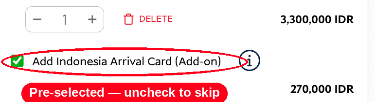 The indonesia arrival card add-on, pre-selected in the cart