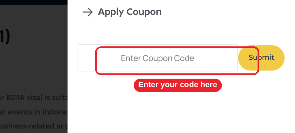 Entering a discount code in the apply coupon field