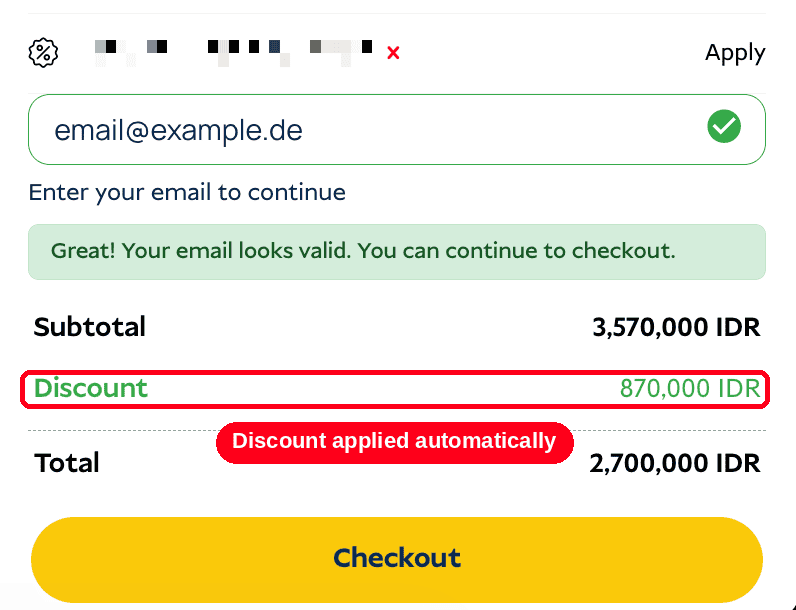 Discount applied automatically, with the updated total