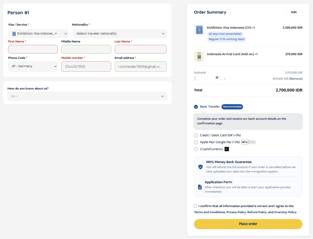 C11 visa checkout page with traveler details and payment options