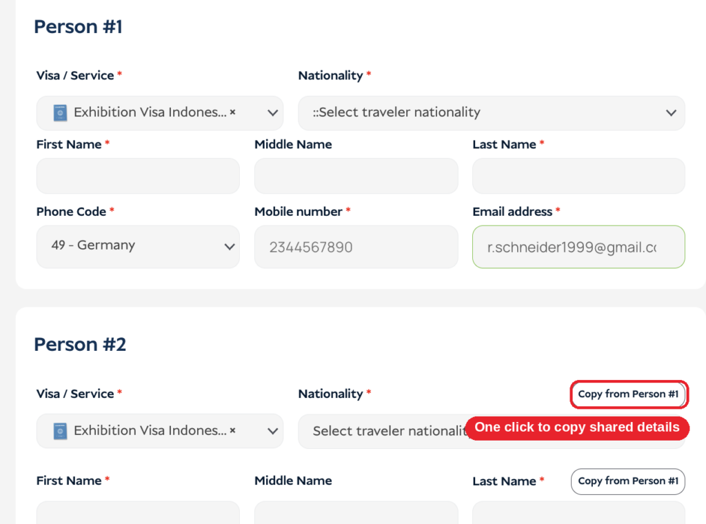 Checkout form for multiple travelers, with the "copy from person #1" shortcut