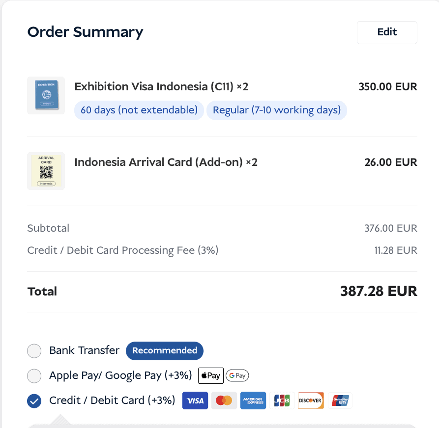 Order summary with payment method options, including the card processing fee