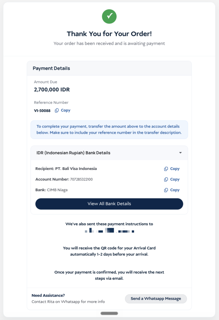 C11 visa order confirmation page, with amount due and reference number