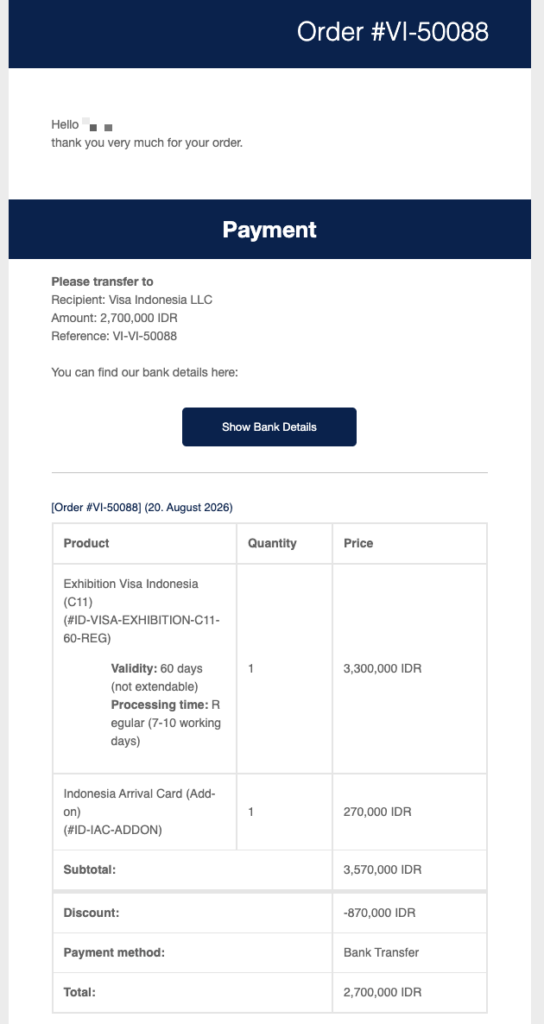 C11 visa order confirmation, sent by email