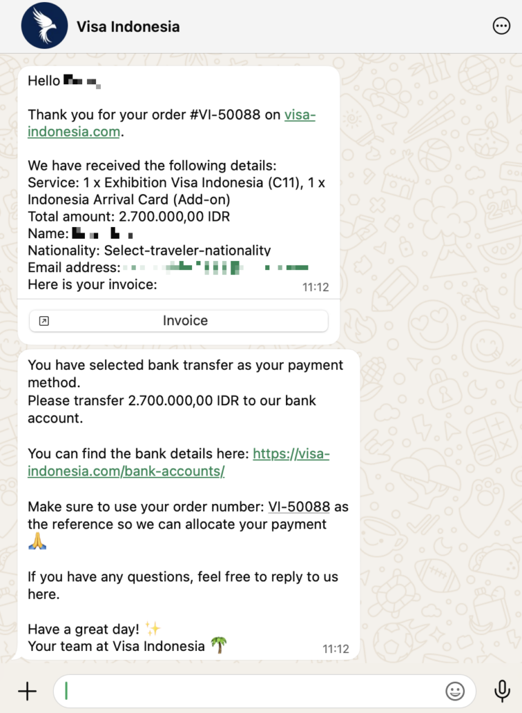 C11 visa order confirmation, sent via whatsapp