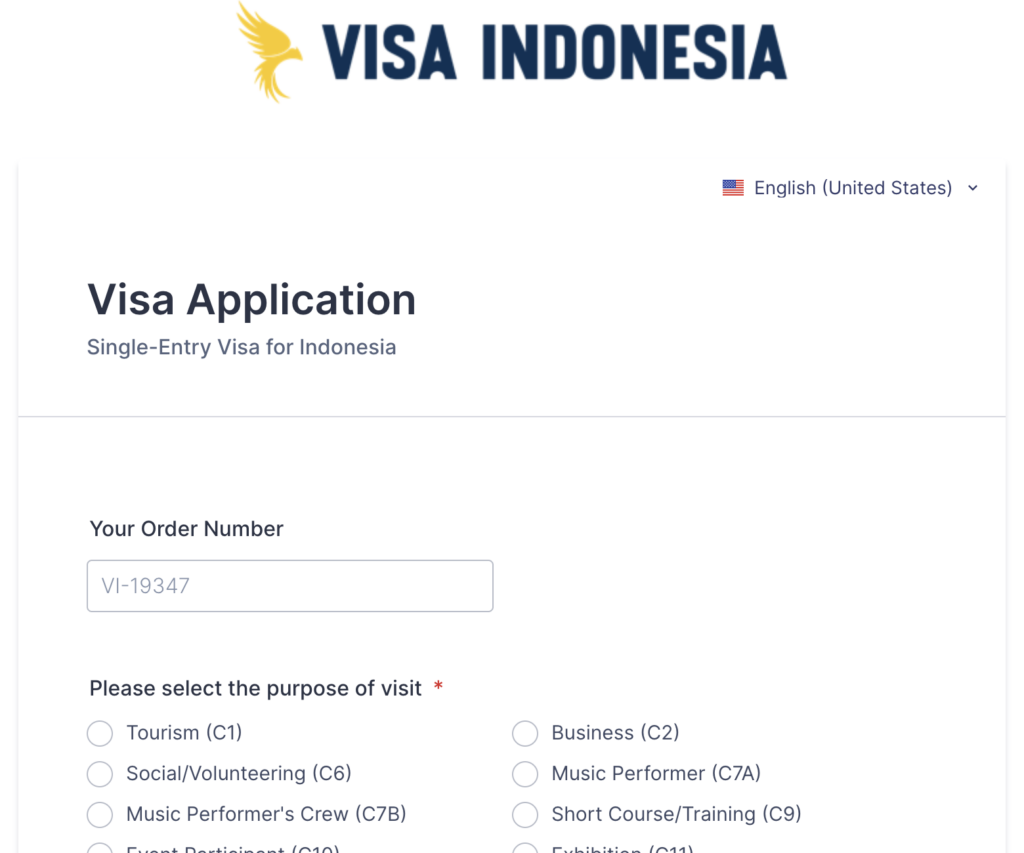 The official visa application form, linked to your order