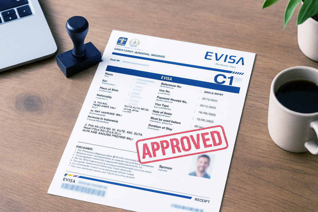 Крупный план документа электронной визы c1 на деревянном столе, отмеченного большим красным штампом "одобрено", рядом с резиновой печатью и кофейной кружкой.