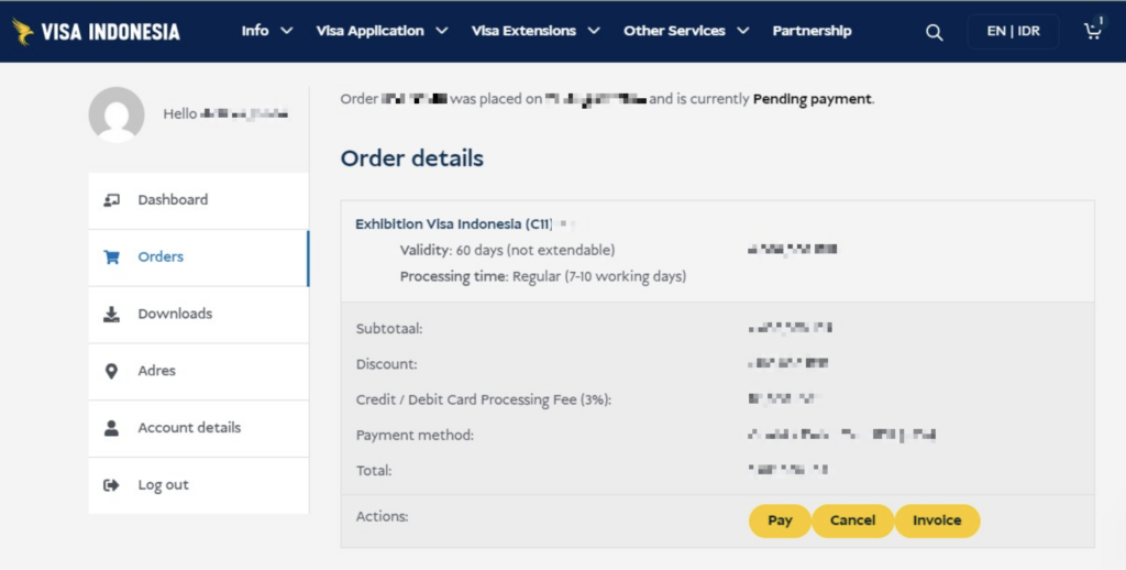 C11 visa order with pending payment status and the Pay button in the account dashboard