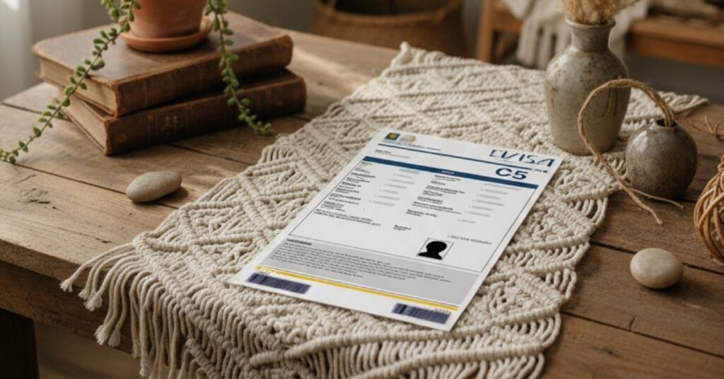 Printed indonesia e-visa document labeled “c5” on a wooden table, highlighting the c5 visa option and what it covers.
