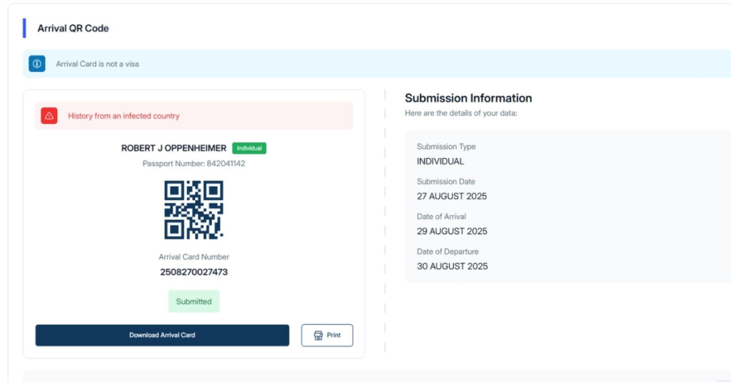 Screenshot of a completed all indonesia arrival card with qr code, passenger details, and submission information.
