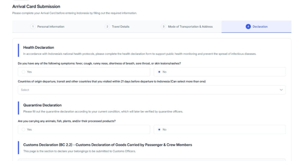 Screenshot of the health, quarantine, and customs declaration section on indonesia’s all indonesia arrival card form.