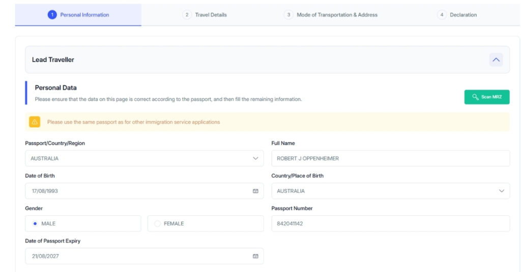 Screenshot of the personal data section of indonesia’s all indonesia arrival card online form, including passport and personal details.