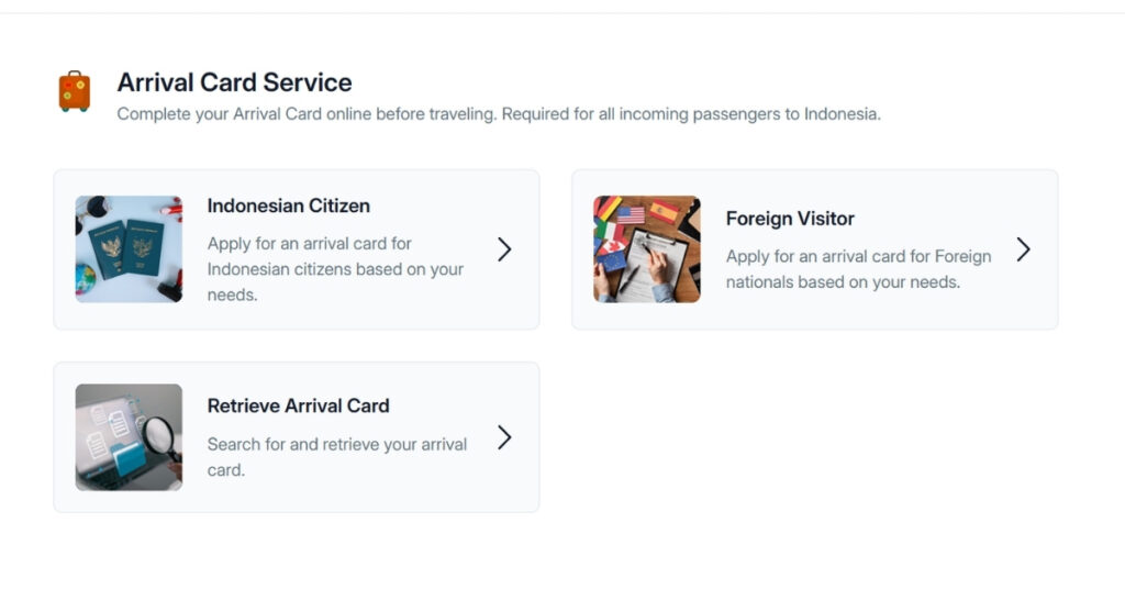 Screenshot of the nationality selection and service options for indonesian citizens and foreign visitors on the all indonesia arrival card portal.
