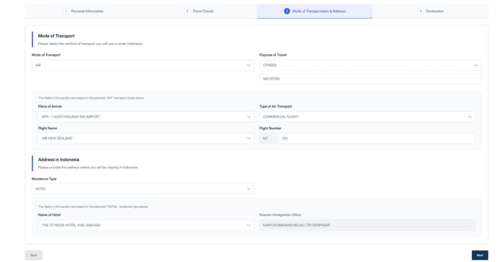 Screenshot of the transportation and accommodation details section when filling out indonesia’s all indonesia arrival card online.