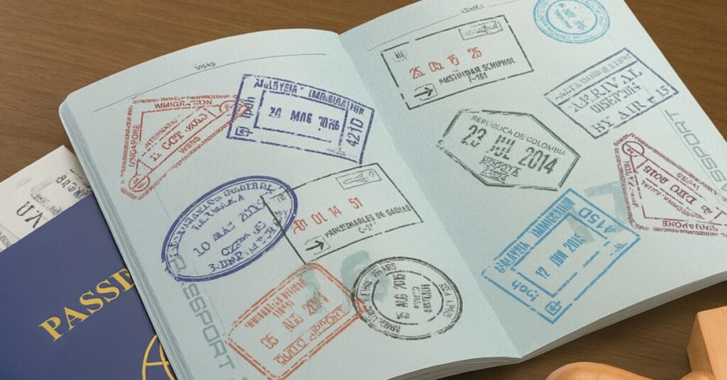 Open passport showing multiple international entry and exit stamps on wooden table with a blue passport cover, representing indonesia visa travel and immigration requirements.