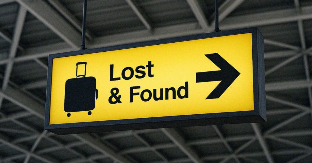 Яскраво-жовта вивіска зі значком багажу, що висить на стелі аеропорту, спрямовує пасажирів до бюро знахідок аеропорту Балі.