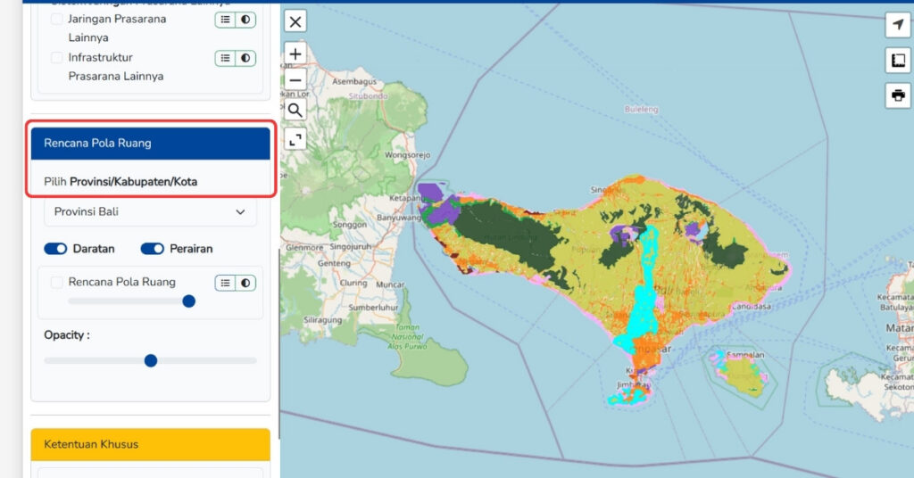 Screenshot of the bali zoning map website highlighting the rencana pola ruang section used to check bali land zoning.