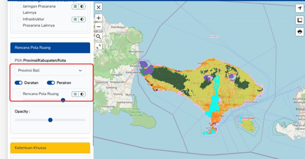 Screenshot of the bali zoning map showing the province dropdown, daratan and perairan toggles, and zoning layer controls.