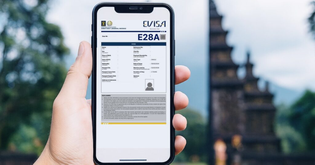 En person som holder et indonesisk e-visum på en smarttelefon med en balinesisk port i bakgrunnen, som illustrerer alternativene for langtidsvisum til Bali