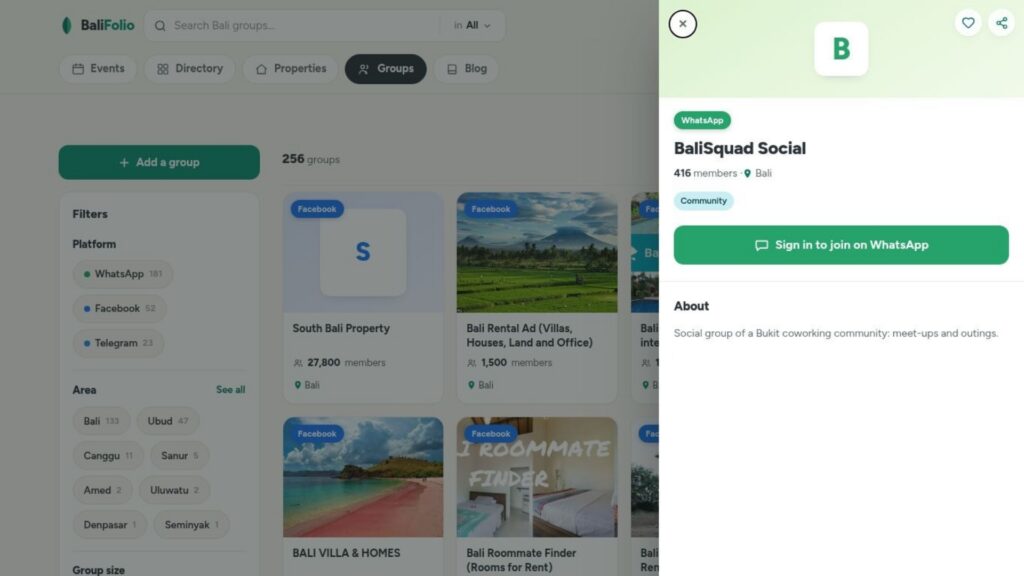 Balisquad social group details on balifolio, with a sign-in button to join its whatsapp community.