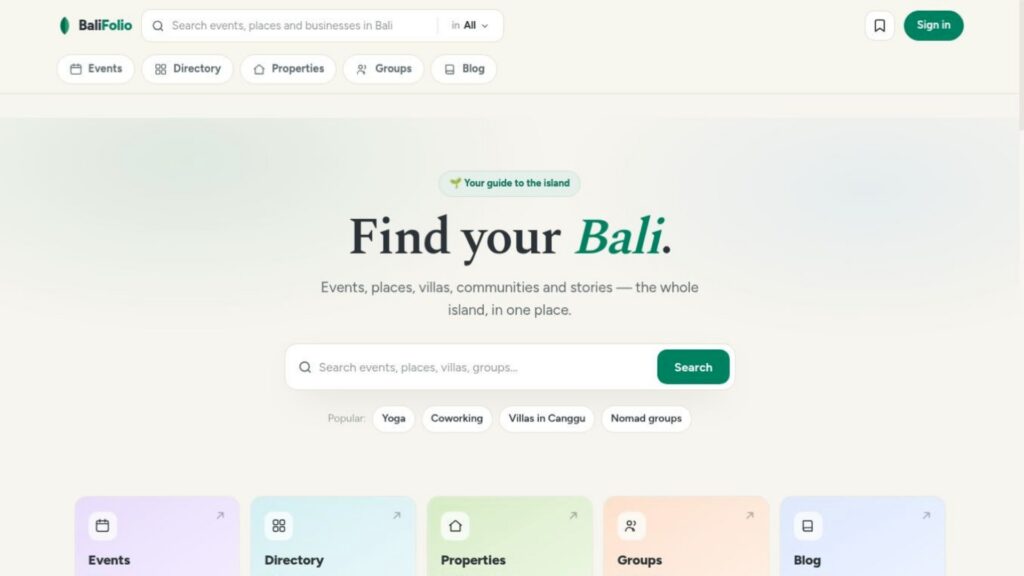 Balifolio homepage with a search bar and links to events, directory, properties, groups and blog.