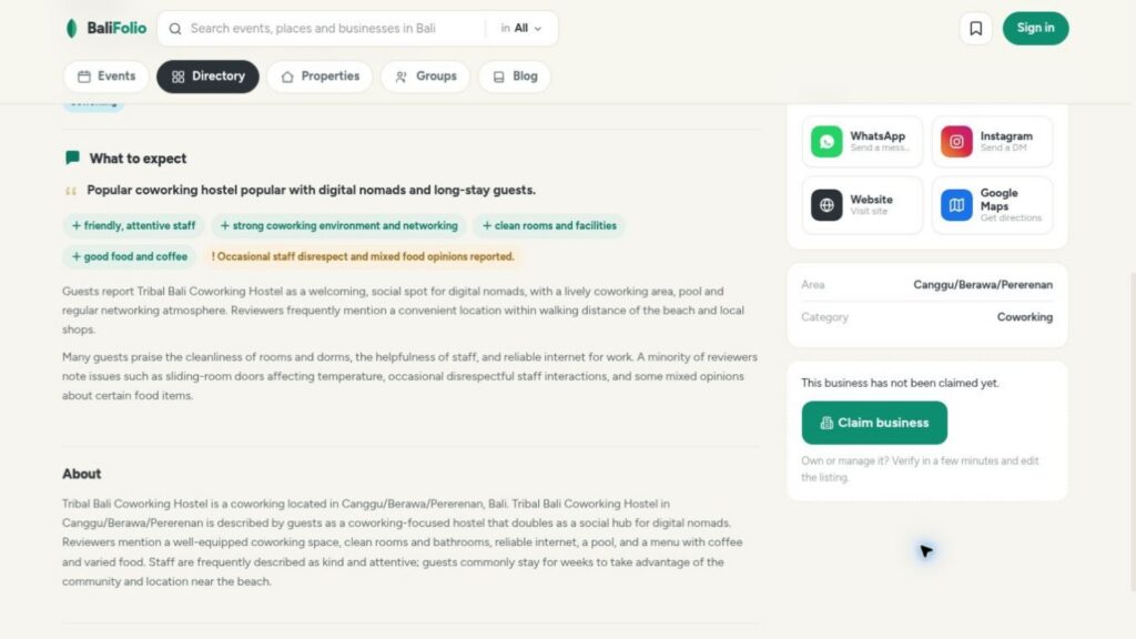 Tribal bali coworking hostel profile on balifolio, showing guest-review summaries, business details and contact links.