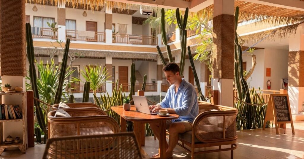 Digital nomad using a laptop in a sunny canggu courtyard with tropical plants and relaxed seating.