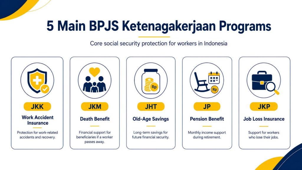 Minimalist vector infographic showing the five main bpjs ketenagakerjaan programs: jkk, jkm, jht, jp, and jkp, with simple icons and brief descriptions.