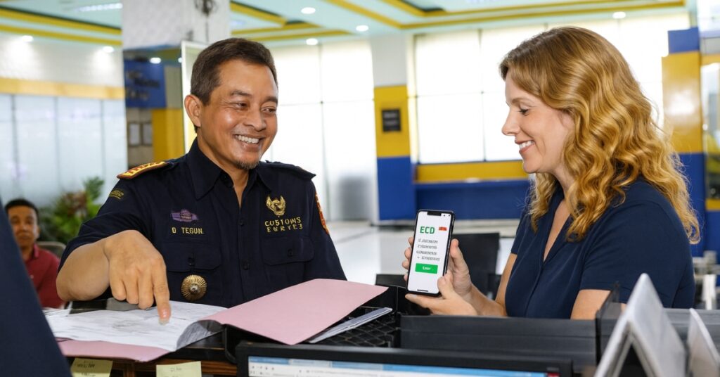 한 여행객이 공항 세관 직원에게 휴대폰에 담긴 전자증명서를 보여주며 합법적으로 주류를 발리로 반입할 수 있는 절차를 완료합니다.