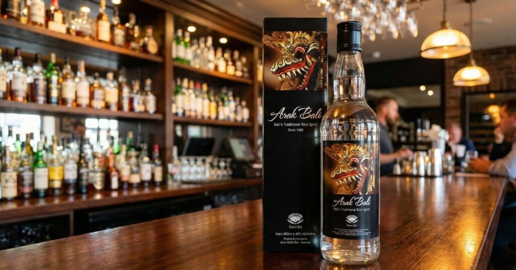 Botella sellada de arak bali (aguardiente local) en el mostrador de un bar; cómprala a vendedores de confianza para evitar falsificaciones o alcohol contaminado con metanol.