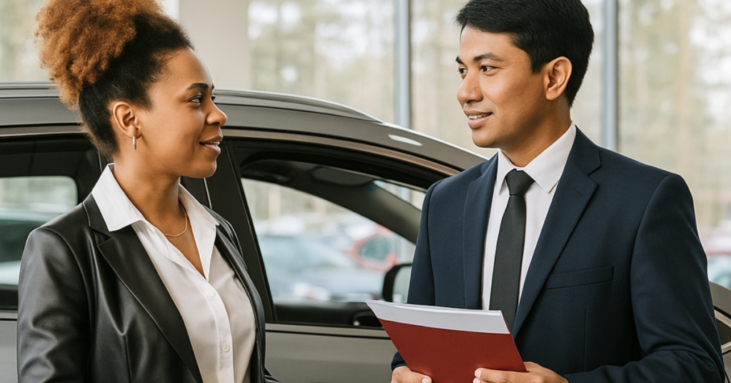 Un vendeur de voitures indonésien en costume bleu marine tient des documents et sourit tout en parlant avec une cliente étrangère qui tient des clés de voiture dans la salle d'exposition d'un concessionnaire.