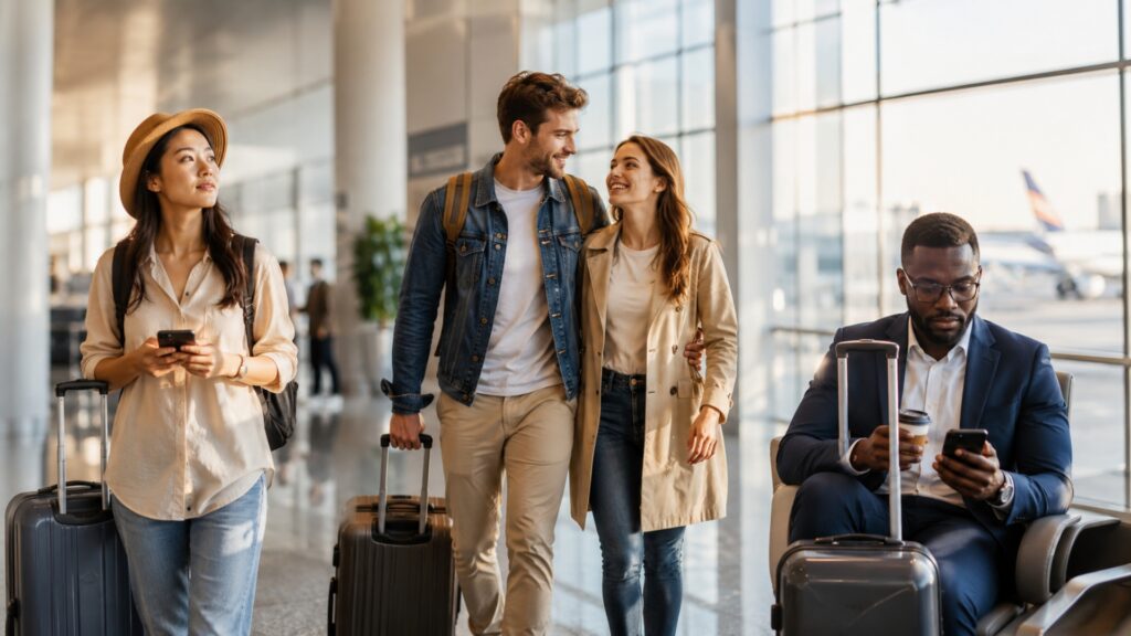 Different types of international travelers with luggage inside a modern airport terminal.