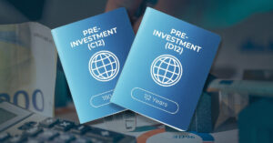 Two blue passport-style cards labeled “pre-investment (c12)” and “pre-investment (d12)” with globe icons on a finance background.