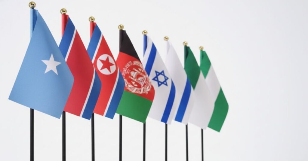 Row of small flags for Somalia, North Korea, Afghanistan, Israel and Nigeria showing countries that require an Indonesia calling visa.