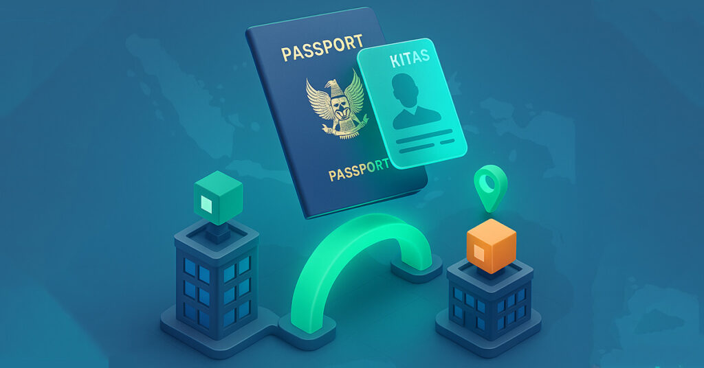 3d-illustrasjon av et pass og kitas-kort som overføres mellom to selskaper via en glødende bro, som symboliserer alih penjamin-prosessen.