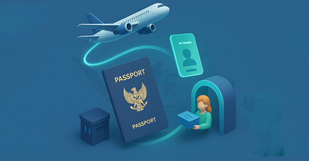 3d-illustrasjon av pass, fly og kitas-kort med en immigrasjonsport, som representerer søknadsprosessen for inn- og utreise.