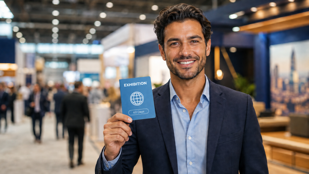 Businessman holding his indonesia exhibition (c11) visa at a trade show