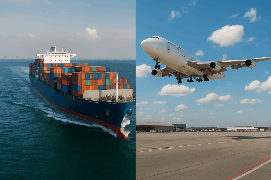 Side-by-side images of a cargo ship and an airplane representing sea freight and air freight options for importing household goods to indonesia.