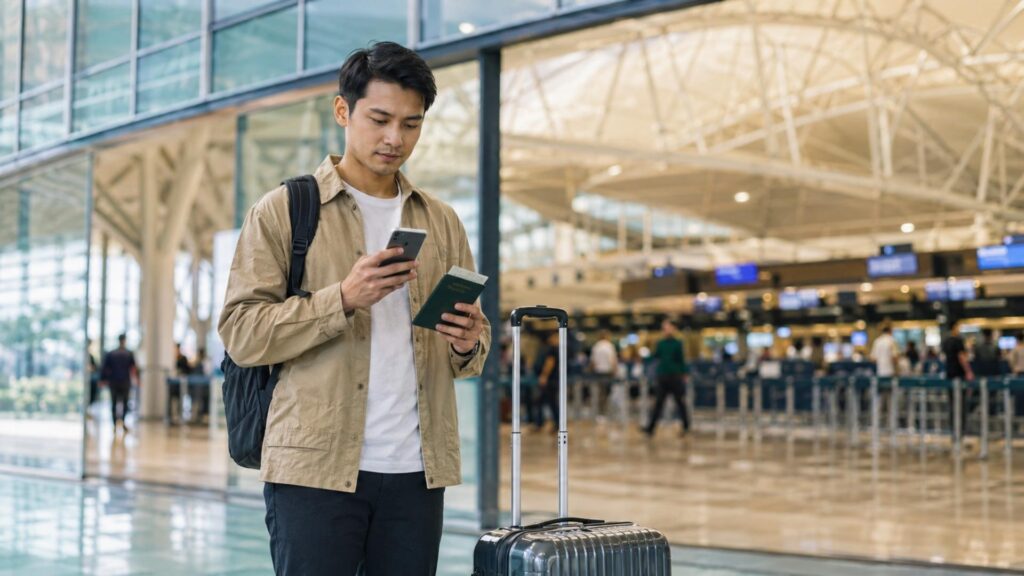 Traveler checking a phone and passport at an indonesian airport before flying during an remote worker visa extension process.