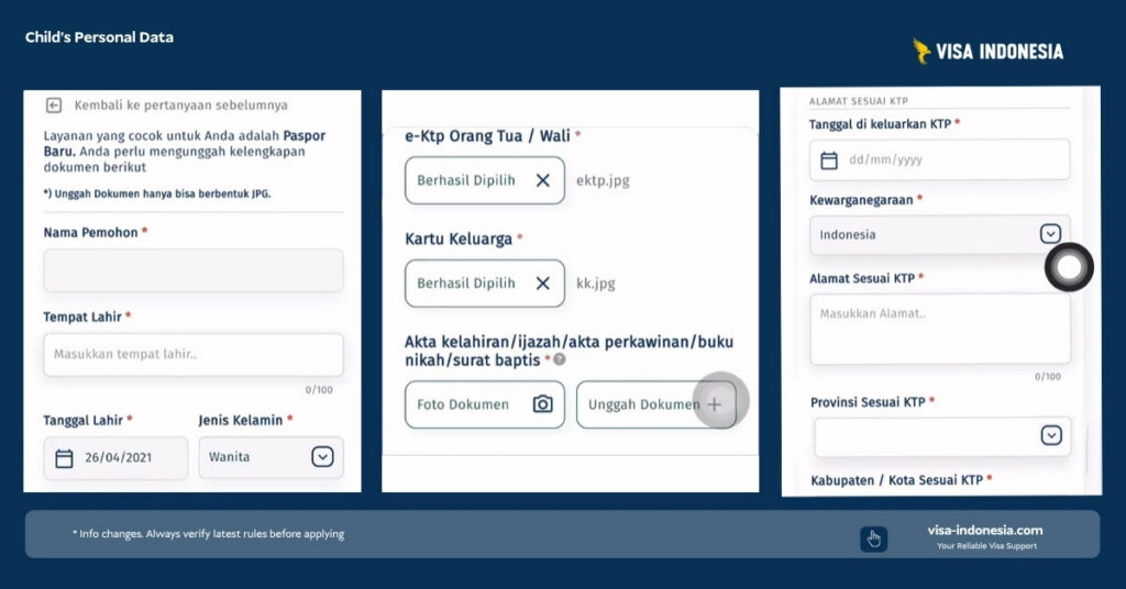 Child passport application screens for personal data and document uploads: parent e-ktp, family card (kk), supporting document upload, plus address and citizenship fields.