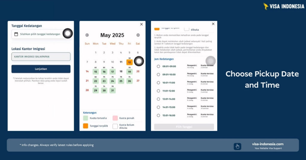 Passport app screens choosing immigration office location (kantor imigrasi balikpapan), selecting an appointment date on a calendar, and picking an arrival time slot.