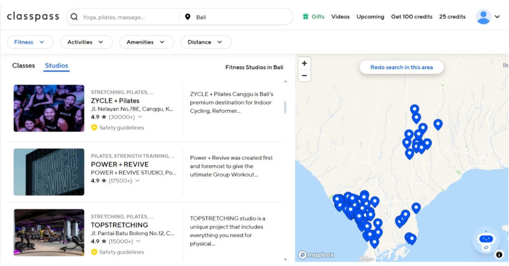 Classpass homepage bali