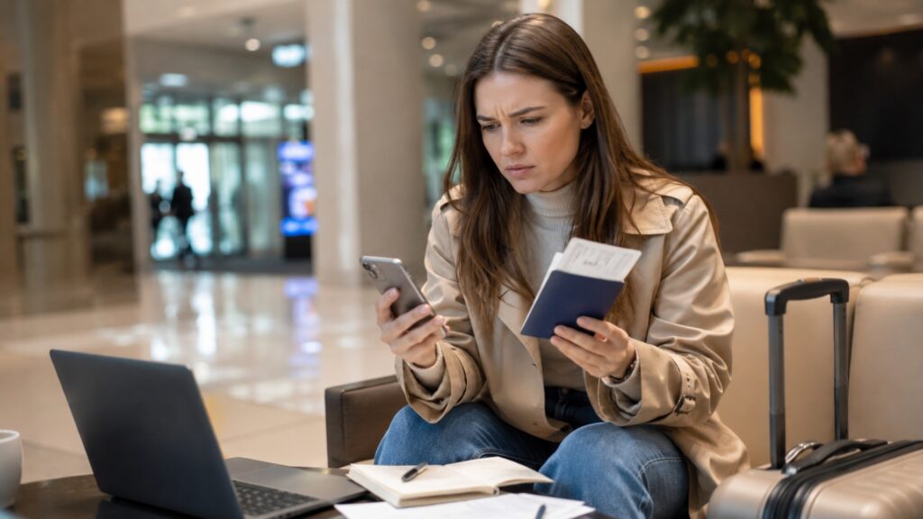 Confused traveler checking her passport, phone, and travel documents before flying to indonesia.