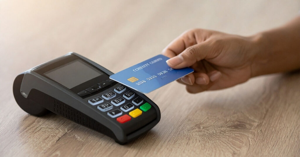 Hand tapping a credit card on a payment terminal to pay costs after a lost passport in bali.