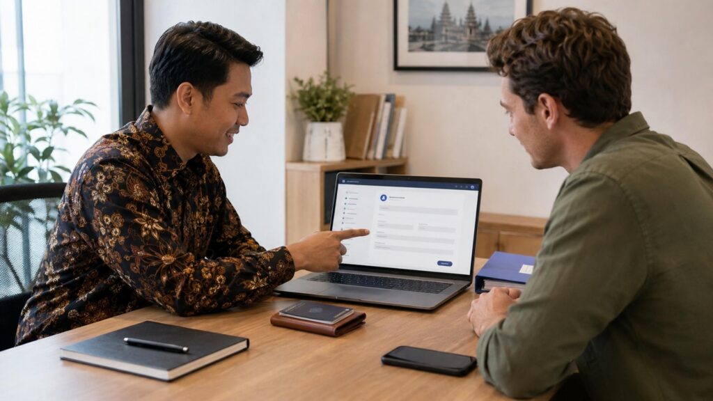 Indonesian visa consultant helping a foreign traveler review a d1 visa application on a laptop.