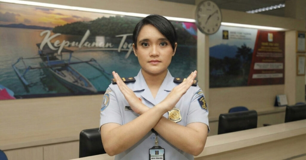 Indonesian immigration officer making an “x” gesture with arms, signaling refusal or denied entry at a counter.