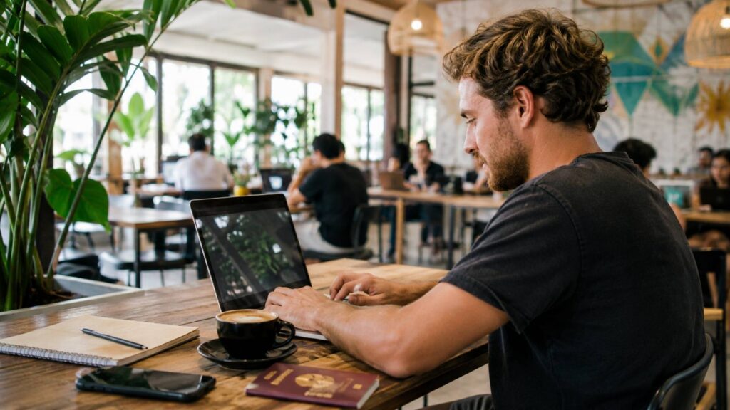 Digitale nomade die op afstand werkt vanuit een coworking space op Bali met laptop, koffie en paspoort.
