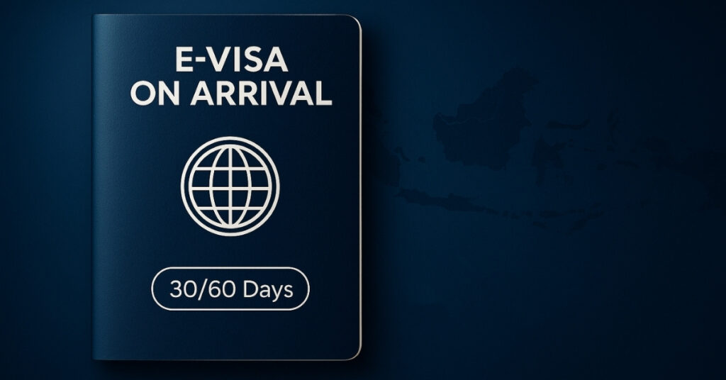 E-Visa on Arrival 30/60 Days passport with a subtle Indonesia map background, illustrating Indonesia’s short-term entry visa for tourists.