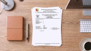 Sktt residence certificate and domicile letter document on an office desk, used as proof of residence for foreigners with kitas in indonesia.